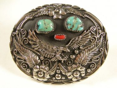 Handcrafted Silvertne Turquoise Coral Eagle Belt Buckle Unbranded MADE in USA