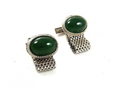1970's Silver Tone & Green Wrap Around Cufflinks 2117