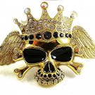 Vintage HUGE Skull Wings Gold Tone Black Rhinestones Crown Belt Buckle 12417