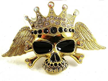 Vintage HUGE Skull Wings Gold Tone Black Rhinestones Crown Belt Buckle 12417