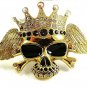 Vintage HUGE Skull Wings Gold Tone Black Rhinestones Crown Belt Buckle 12417