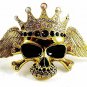 Vintage HUGE Skull Wings Gold Tone Black Rhinestones Crown Belt Buckle 12417