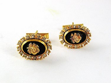 Vintage Goldtone, Black, Rose, Rhinestones Cufflinks 6217