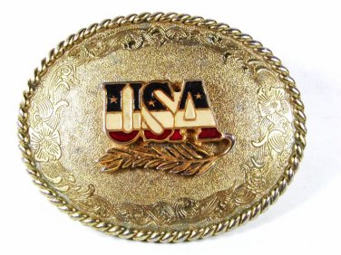 1978 Gold Tone Red White Blue USA Belt Buckle By RAINTREE 51116