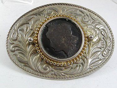 Vintage 1921 Coin Silver Lady Liberty Cut Out Belt Buckle 103017