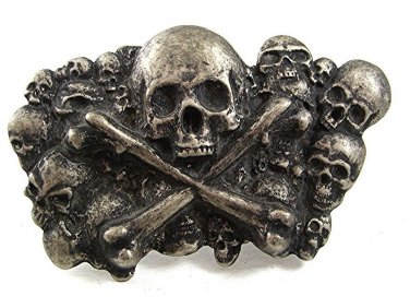 Vintage Silvertone Skull & Crossbones & Lots of Skulls Belt Buckle 12317
