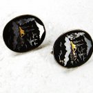 Signed Mt. Fuji Damascene Black Goldtone Clip On Earrings Unbranded 32816