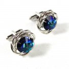 1970's Silver Tone & Blue Sparkly Rhinestone Cufflinks By DANTE 51616