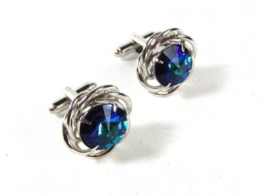1970's Silver Tone & Blue Sparkly Rhinestone Cufflinks By DANTE 51616