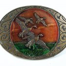 Vintage 1970's Mallard Ducks In Flight Enameled Belt Buckle 111016
