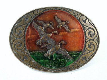 Vintage 1970's Mallard Ducks In Flight Enameled Belt Buckle 111016