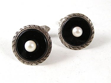 Vintage Silver & Black & Cultured Pearl Cufflinks 91016