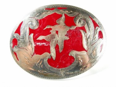 Vintage Silvertone & Red Ducks In Flight Hunters Belt Buckle Unbranded 41116