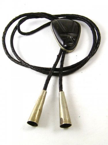Huecho En Mexico Alpaca Silver Black Bolo Turquoise with Leather Cord 101316