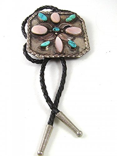 Native American Sterling Silver Turquoise Mother Pearl Bolo Leather Cord 52617