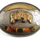 Vintage Cowboy Western Mexican Alpaca Brass 3 Horse Heads Belt Buckle 101117
