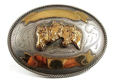 Vintage Cowboy Western Mexican Alpaca Brass 3 Horse Heads Belt Buckle 101117
