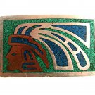 Vintage Mexican Aztec Indian Silvertone Copper Turqouise Belt Buckle 9417