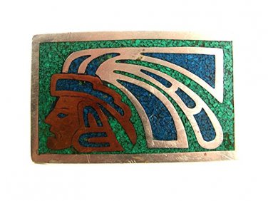 Vintage Mexican Aztec Indian Silvertone Copper Turqouise Belt Buckle 9417