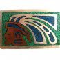 Vintage Mexican Aztec Indian Silvertone Copper Turqouise Belt Buckle 9417