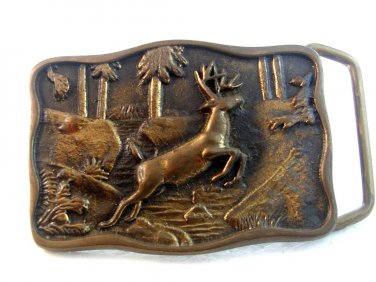 Vintage 1978 BTS Solid Brass Deer in the Woods Belt Buckle