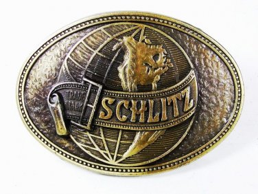 Vintage SCHLITZ Beer World Globe Brass Belt Buckle 8916