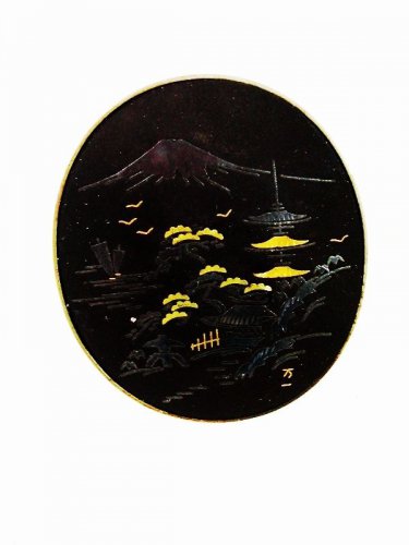 Signed Damascene Black & Goldtone Mt. Fuji Brooch Made In Japan 32816