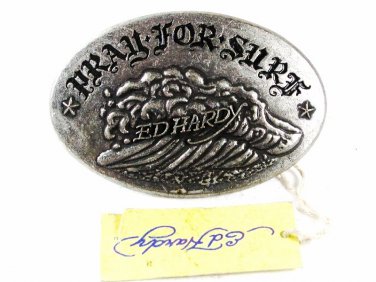 Silvertone Pray For Surf Belt Buckle By ED HARDY 33116a w/ Tag