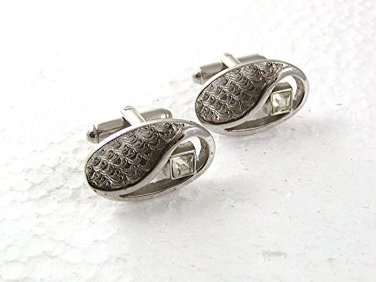 Vintage Silvertone & Sparkly Rhinestone Cufflinks By SHIELDS 71017