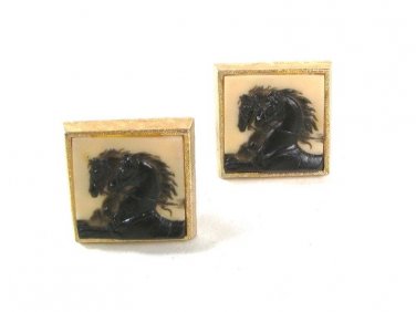 Vintage Gold Tone & Cameo 2 Black Horses Cufflinks By @ I S MM 64316