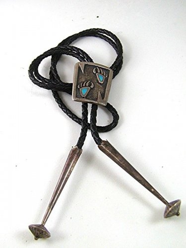 Vintage Native American Coin Silver Turquoise Bear Claws Bolo Leather Cord 52617