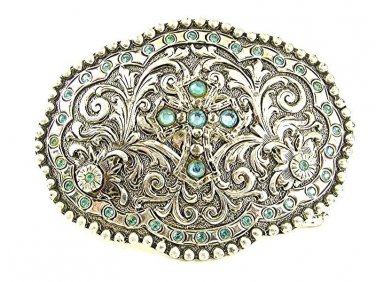 Cowgirls Authentic Silver Plated Pewter Blue Rhinestone Cross Belt Buckle 6317