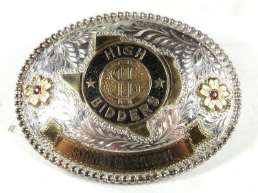 Western Silver Plate Gold Tone Blue HIGH BIDDERS Belt Buckle By ADM 51116