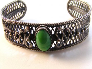 Vintage Sterling Silver & Malachite Filigree Bracelet