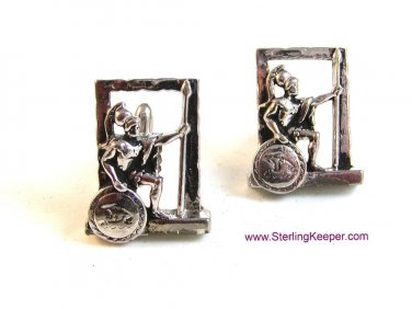 Vintage Swank Silver Tone Greek Roman Soldier Shield Spear Cufflinks
