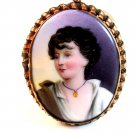 Vintage Hand Painted Porcelain Young Lady w/ Gold Necklace Brooch a