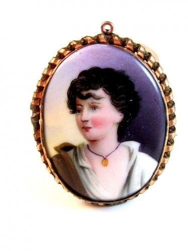 Vintage Hand Painted Porcelain Young Lady w/ Gold Necklace Brooch a