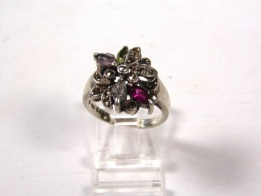 Sterling Silver Marcasites Red Green Clear Rhinestones Ring Size 7 1/2 by SU 817