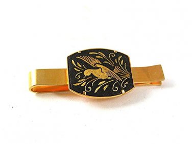 Vintage Goldtone & Black Damascene Bird Tie Clasp MADE IN SPAIN 6317