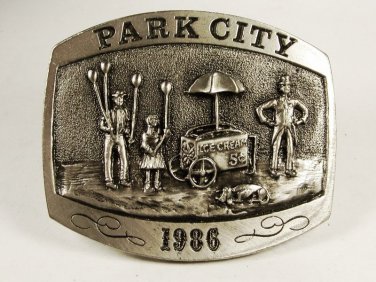 1986 Park City Utah Ice Cream Cart Belt Buckle by Michael Ricker 11215 W Box