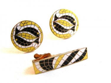 Vintage Swank Dolphin Mosaic Cufflinks & Matching Tie Clasp