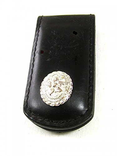 Vintage Silvertone Flower Black Leather Magnetic Money Clip 51617