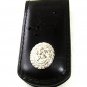 Vintage Silvertone Flower Black Leather Magnetic Money Clip 51617
