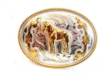 Vintage Silver & Gold Tone Western Rodeo Horse Belt Buckle