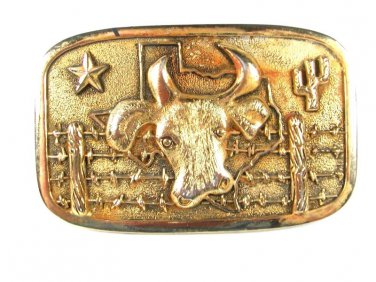 Vintage Gold Tone Texas Bull Head Star Cactus Belt Buckle Unbranded 51116