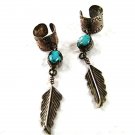 Vintage Native American Sterling Silver Turquoise Feather Earrings Signed BY