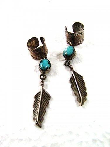 Vintage Native American Sterling Silver Turquoise Feather Earrings Signed BY