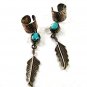 Vintage Native American Sterling Silver Turquoise Feather Earrings Signed BY