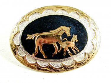 Western Cowboy Mom & Baby Horse Belt Buckle by Silver Strike 12112013mb