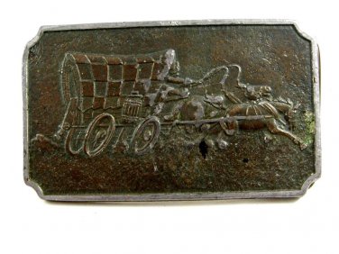1974 Wyoming Art Works James Lind Run Away Wagon Horses Belt Buckle 10232013